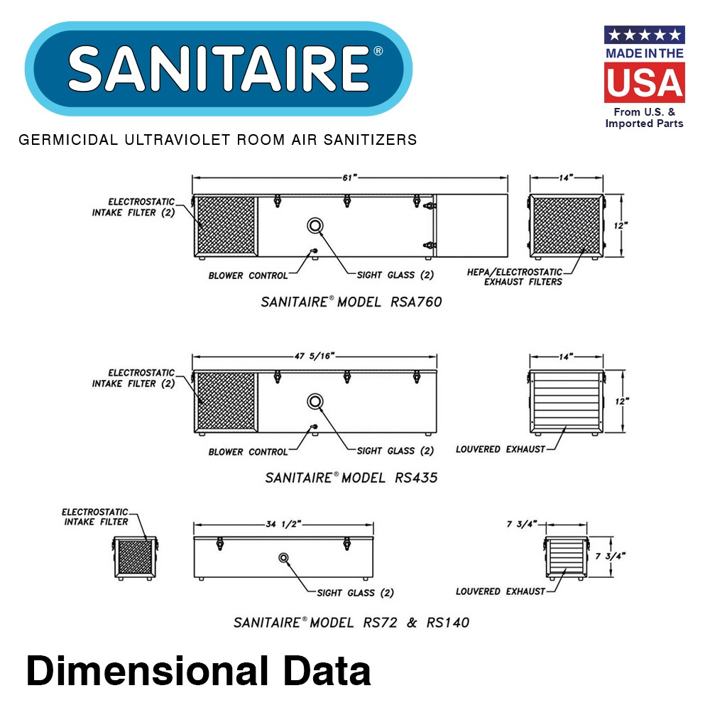 SANITAIRE® UV Room Air Sanitizers RS72 - RSA760 (Free Standing, Wall or Ceiling Mount)